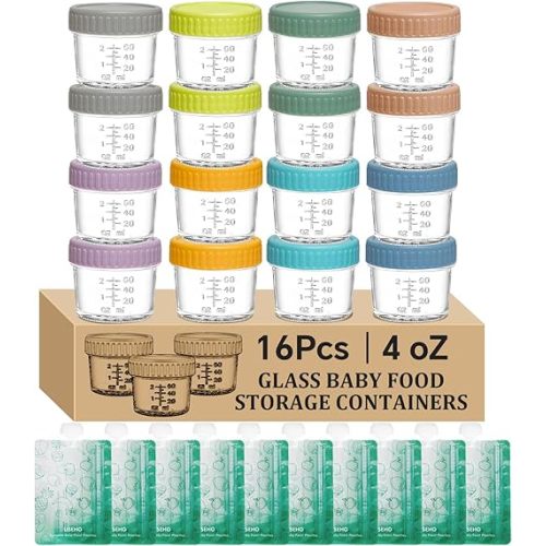 16 pcak Glass Baby Food Storage Containers & 10 Pack Reusable Baby Food Pouches Set, 4 oz Glass Jars with lids for Infant Baby Food,Freezer and Microwave Safe,100% Leak Proof,Reusable BPA Free(16)