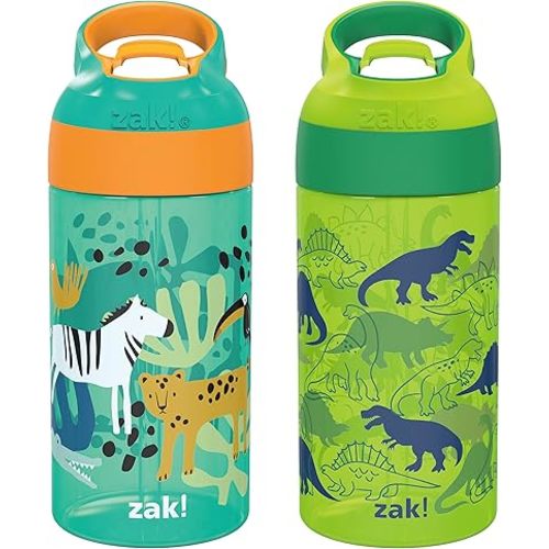Zak Designs 16oz Riverside Kids Water Bottle with Spout Cover and Built-in Carrying Loop, Made of Durable Plastic, Leak-Proof Design for Travel (Dino Camo & Safari, Pack of 2)