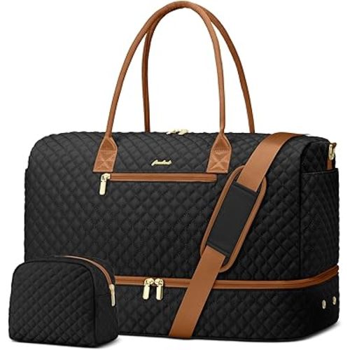 Travel Weekender Duffle Bags for Women - Large Carry On Bag with Shoe Compartment Overnight Bag with Toiletry Bag Duffel Bags with Wet Pocket for Gym Hospital Bags for Labor and Delivery Black Brown