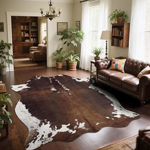 DweIke Faux Cowhide Print Rugs for Bedroom Living Room, 5.2 x 6.2 ft Premium and Durable Faux Fur Cowhide Fabric Rug, Large Animal Skin Hide Carpet for Western Party Home Decor, Dark Brown