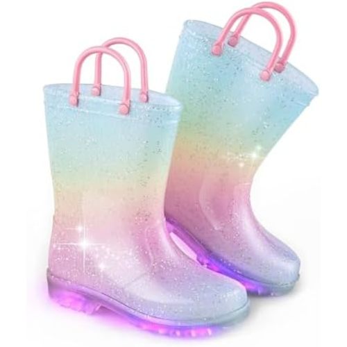 EUXTERPA Toddler Glitter Light Up Waterproof Rain Boots with Easy On Handles | size 5