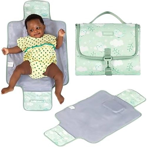 BabbleRoo Baby Changing Pad - Comfortable Portable Changing Pad, Compact, Fits in Any Diaper Bag - Lightweight and Soft with Cute Designs, Convenient Pockets, Extra Head Support – Sage Green Birdy