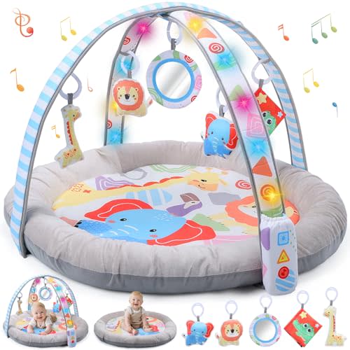 CUTE STONE Baby Play Gym & Tummy Time Mat with Lights, Sounds, Detachable Toys, Adjustable Volume Activity Gym Baby Mat for Infant Sensory & Motor Development, Newborn Baby Gift