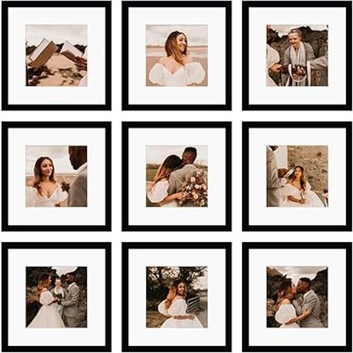 12x12 Picture Frame Set of 9, Display Pictures 8x8 with Mat or 12x12 without Mat, Multi Collage Gallery Square Photo Frames for Wall or Tabletop, Black