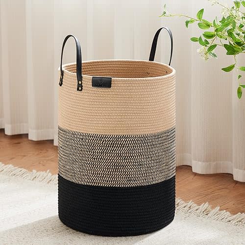 VIPOSCO Tall Laundry Basket, Large Dirty Clothes Hamper with Leather Handle, Woven Rope Storage Basket for Blanket, Toy In Living Room, Bathroom, Bedroom - 58L Brown & Black