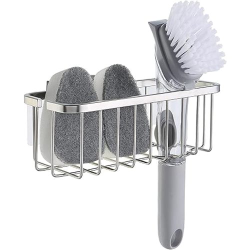 SunnyPoint NeverRust Deluxe Kitchen Sink Suction Holder for Sponges, Scrubbers, Soap, Kitchen, Bathroom, 304 Stainless Steel (Brushed Texture, 7.4 x 3.3 x 2.75 Inch)(Sponge & Brush NOT Included)
