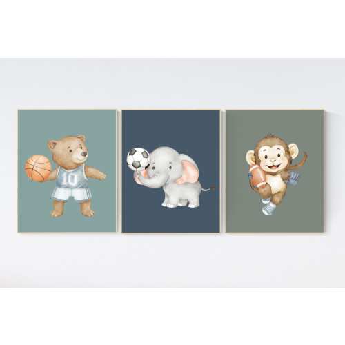 Sports nursery decor, Baby Animals Sport, Baby boy sports nursery, Safari nursery, basketball, soccer, and football nursery, animal sports