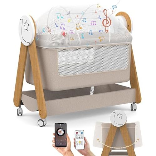 Electirc Baby Bassinet, Rocking Baby Bassinets Bed Sleeper for Newborn with Remote Control,Smart Baby Crib with Wheels, Portable Baby Cradle for Infant with 3-Speed Swing and Timer,Bluetooth(Khaki)