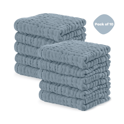 Comfy Cubs Baby Washcloths, Muslin Cotton Baby Towels, Large 10”x10” (Pacific Blue, Pack of 10)