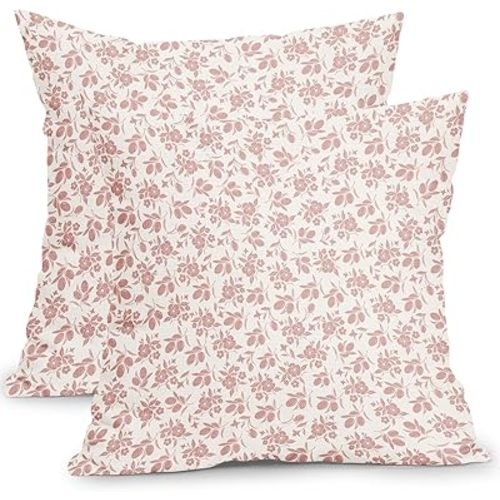 Vintage Floral Pillow Covers 16x16 Inch Pink and Cream Block Print Outdoor Decorative Throw Pillows Set of 2 Rustic Neutral Boho Accent Pillowcases for Couch
