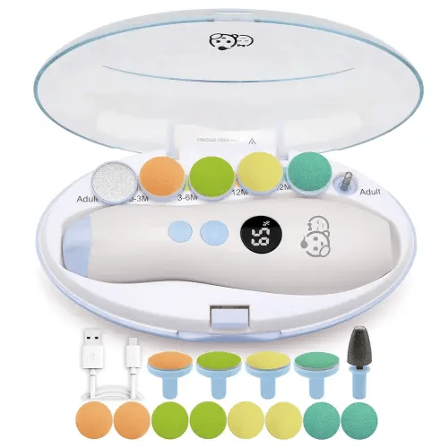 Rechargeable 22 in 1 Baby Nail Trimmer, Usage Labeled Case, 13 Extra Replacement Tools, Royal Angels Electric Nail File with LCD display, Newborn Toddler Nail Care Clipper Kit (Rechargeable,WhiteBlue)