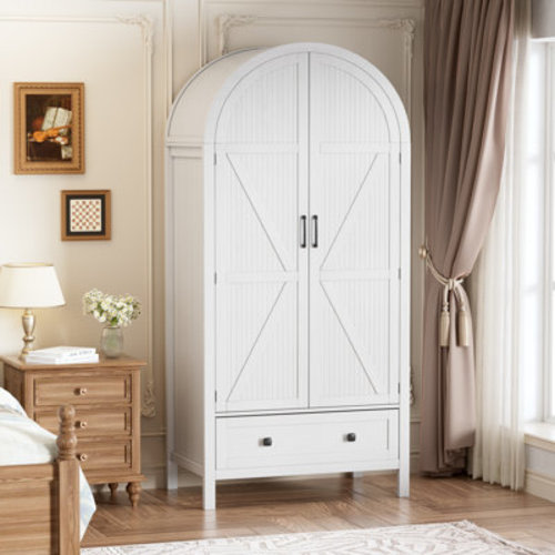 Gracie Oaks Armoire Wardrobe Closet With Drawers And 2 Arched Fluted Doors, 70.9‘’ Tall Bedroom Armoires With Led Light & Reviews | Wayfair