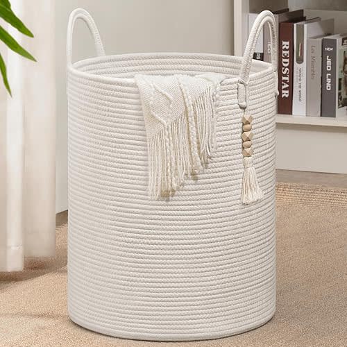 Goodpick White Laundry Basket with Handles, Tall Woven Laundry Hamper for Clothes, Towels, Pillows, Toys, Decorative Blanket Basket for Living Room, Bedroom, Playroom, 16 x 20 inches