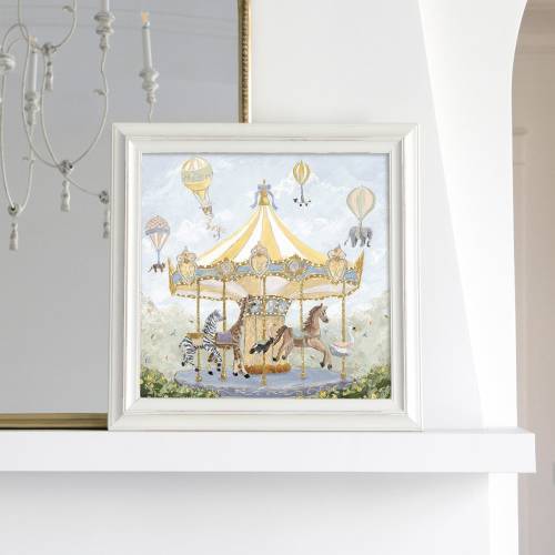 Carousel Nursery Painting, Children&#39;s Art, Zoo Animals, Hot Air Balloons, Pastel Decor, Baby Shower Gift, Animal Art, Neutral Palette,