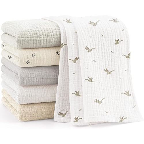 Bearmoss 100% Cotton Muslin Burp Cloths, 6 Pack Absorbent Large Baby Burping Cloths for Boy, Girl, 23.6" X 23.6" Newborn Essentials (White Apricot)