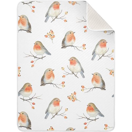 Swaddle Blanket Robin Birds Cotton for Infants, Receiving Lightweight Soft Swaddling for Crib, Stroller, Nursery, 30x40 in, White
