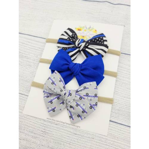 Police Officer Set of 3 Hair Bows - blue line - police car fabric bow - blue hair bow - baby shower gift - baby headbands - hand tied bows