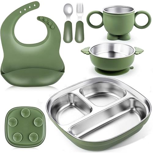 Stainless Steel Kids Plates and Bowls, 6 Pcs Baby Tableware Set Contain Deep-Divide Toddler Plates, Bowls, Cup, Utensils & Bib – BPA-Free 304 Steel + Silicone Suction – Dishwasher Safe