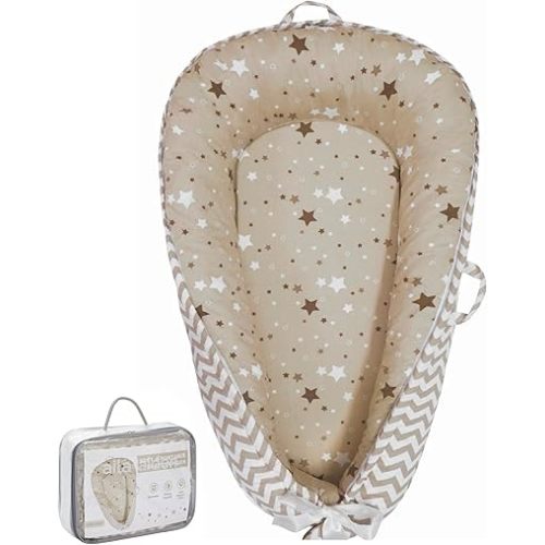 Baby Lounger | Organic Cotton Infant Lounger | Reversible, Adjustable & Portable Floor Lounger | Supervised Use | Soft, Breathable, Washable Cover- Star Collection (Tan)