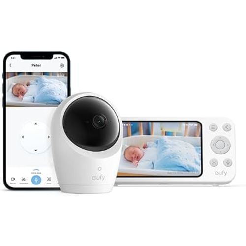 eufy Baby Monitor E20 with 2K Camera, Hybrid Wi-Fi and No Wi-Fi Connection, App and Monitor Control, Ultra-Clear Night View, Pan-Tilt, 4× Zoom, Portable Camera with Built-In Battery, ANR, Smart Alerts