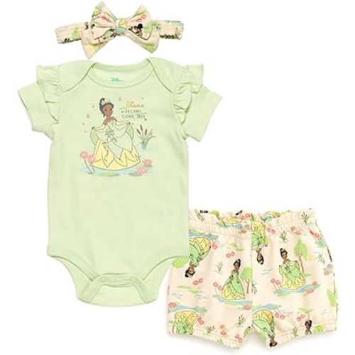 Disney Princess Ariel Belle Tiana Baby Girls Bodysuit Bubble Shorts and Headband 3 Piece Outfit Set Newborn to Infant