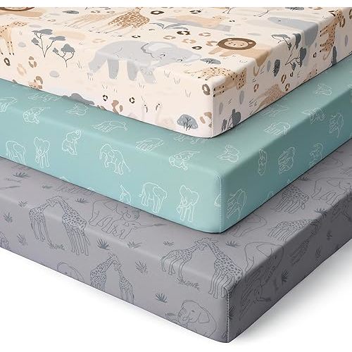 Pack and Play Sheets Fitted 3 Pack, Mini Crib Sheets for Pack N Play Mattress Stretchy Portable Playard Sheets, Soft Breathable Elephant