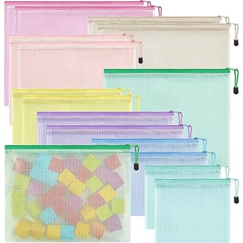 JARLINK 16pcs Mesh Zipper Pouch for Organizing, 8 Sizes Waterproof Zipper Storage Bags, 8 Colors Plastic File Pouch, Multipurpose for Travel, School, Board Game, Puzzles, Office, and Home Organize