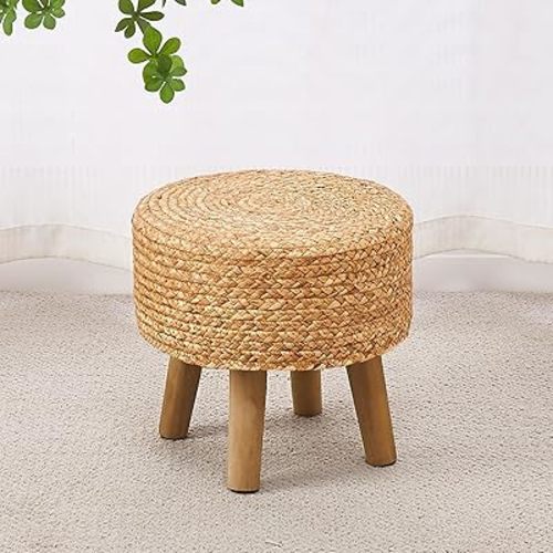 Cpintltr Round Ottoman Natural Seagrass Footstool Hand Weave Water Hyacinth Poufs Eco Friendly Sofa Foot Stool Soft Step Stool Padded Foot Rest with Pine Legs for Living Room (Natural)