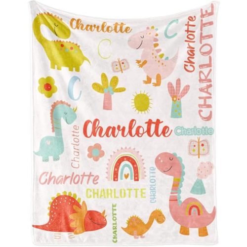 Personalized Dinosaur Blanket with Name for Girl, Custom Name Blanket for Kids, Soft Flannel Pink Dinosaur Toddler Blanket Customized Gift for Birthday Christmas Baby Shower Newborn Gift 30" X 40"