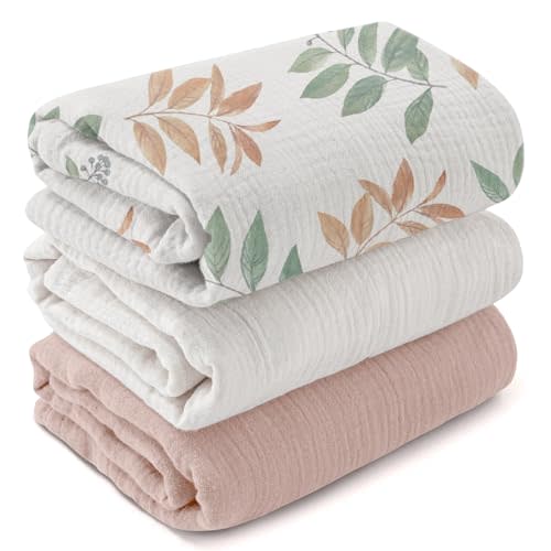 Muslin Swaddle Blankets for Newborn, 3 Pack Breathable Soft Receiving Blanket, Large 38 x 40 inches Swaddle Wrap Burping Clothes Diapers, Essentials Infant Shower Items, Toddler Gift (Gentle Colors)
