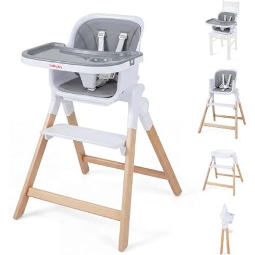BABY JOY 4-in-1 Convertible High Chair, Foldable Wooden Highchair for Babies and Toddlers | Dining Booster Seat | High Stool, Double Removable Tray, 5-Point Safety Harness & Easy Clean Cushion (Gray)