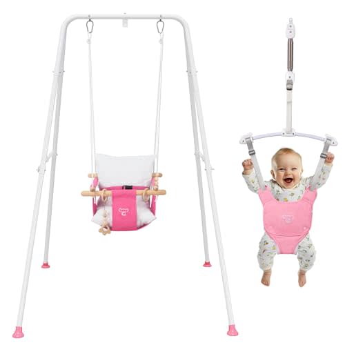 2-in-1 Baby Jumper & Swing - Foldable Stand, Stable Toddler Swing Set for Indoor & Outdoor Use (Pink)