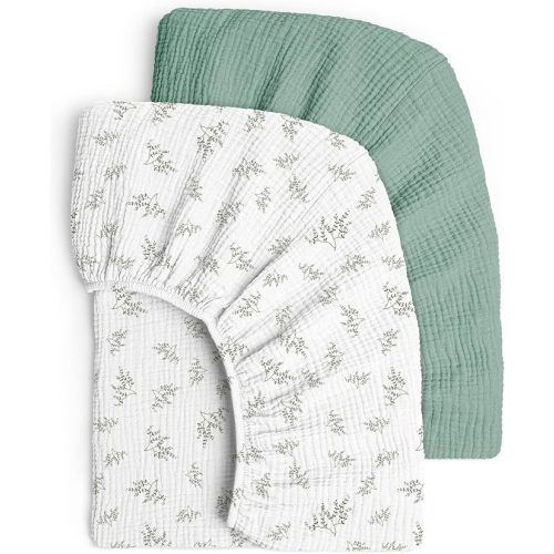 Lulu moon Muslin Crib Sheets - Fitted Crib Mattress Sheets for Boys and Girl - 28"x 52", 2 Pack - Green & Lotus Leaf
