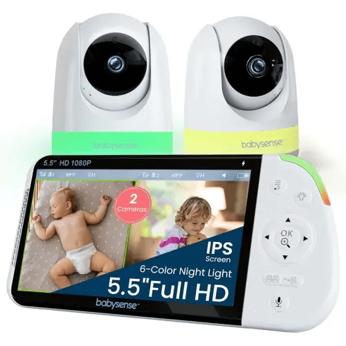 Babysense Full HD 5.5" Split Screen Baby Monitor with 2 Cameras, 6-Color Night Light, White Noise, Sound & Light Machine, 20-Hour Battery, Hack-Proof Non-WiFi Secure Connection
