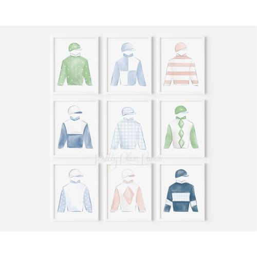 Set of 9 Watercolor Jockey Silk Prints | Watercolor Jockey Silk Print Set Download 8x10 | Jockey Silk Prints | Horse Racing Print Set | 0106