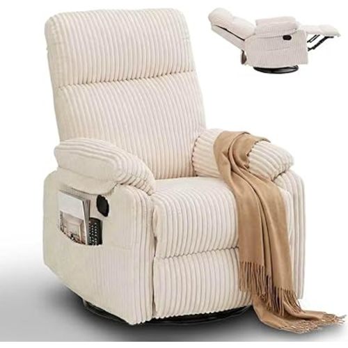 Manual Small Recliner Rocking Chair for Nursery/Relaxation, Corduroy Swivel Glider Recliner for Living Room Bedroom, Beige Rocking Chair Nursery Recliners for Small Spaces, Side Pockets (Beige)