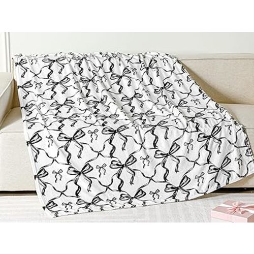 Buryeah Bow Throw Blanket Preppy Blanket Coquette Flannel Soft Cute Bow Stuff Lightweight Aesthetic Plush Back to School Gifts Room Decor for Sofa Couch Travel Bed, 50" x 60"(Black)