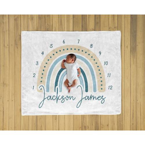Personalized Milestone Blanket Baby Boy, Custom Blue Rainbow Month Tracker with name, monthly growth blanket, Photo Prop, Baby Shower Gift