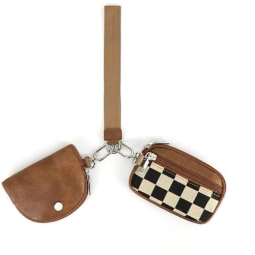 Checkered Wristlet Wallets for Women Checkerboard Dual Pouch Keychain Wristlet Coin Purse with Card Holder