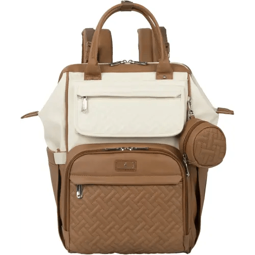 BabbleRoo Leather Diaper Bag Backpack, Multifunction Large Bags with Changing Pad & Stroller Straps & Pacifier Case, Unisex Stylish Travel Back Pack Nappy Changing Bag for Moms Dads (Caramel Cream)