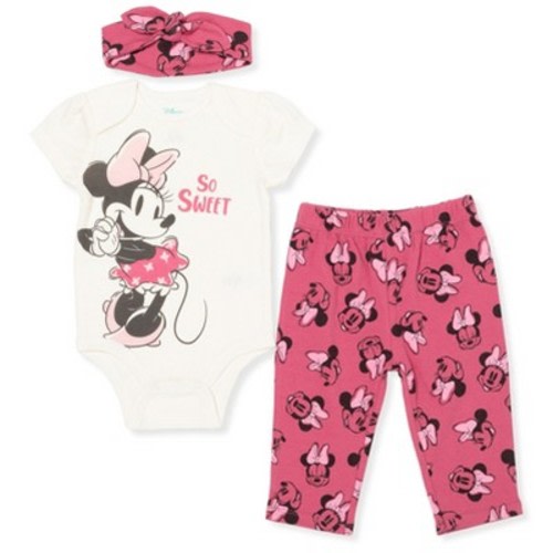 Disney Minnie Mouse Mickey Mouse Marie Baby Girls Bodysuit Pants and Headband 3 Piece Outfit Set Newborn to Infant, Color: Minnie mouse, white / pink, Size: 0-3 months