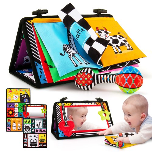 Baby Tummy Time Mirror Toys with Crinkle Book & Rattle, Newborn Baby Books Toy 0-6 months, Montessori Sensory Brain Development Toys for Baby, Perfect for Infants Baby Shower Gifts