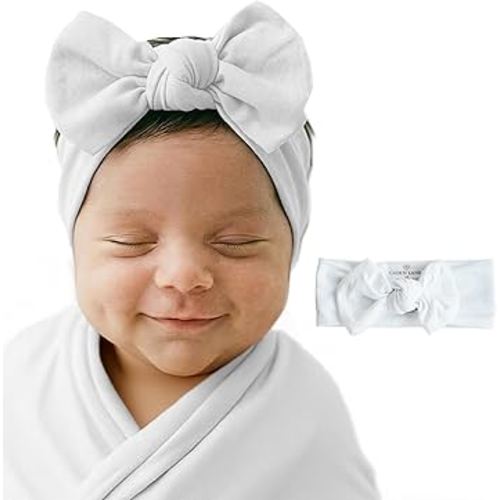 Caden Lane Baby Headwrap with Knotted Bow, Soft & Stretchy Bamboo Viscose, Comfortable Infant Hairband for Newborn & Toddler Girls, Ideal Gift for Baby Shower & Milestone Celebration, Lace White