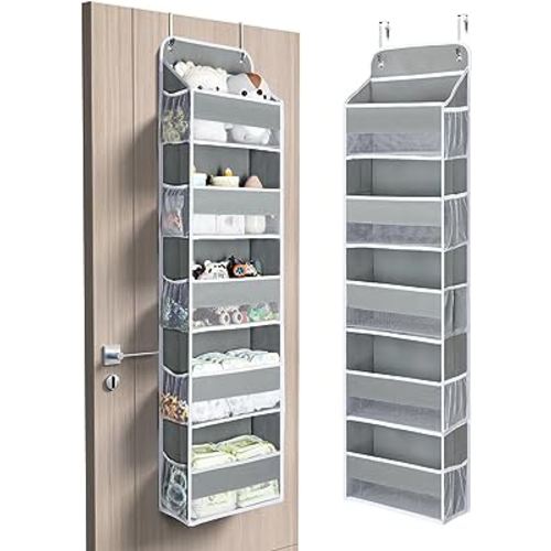Yecaye 1 Pc Over the Door Organizer with 5 Bins 10 Side Pockets, 44lbs Load Hanging Bathroom Organizer, No Tilt Closet Organizers and Storage for Bedroom, Baby Organizer for Extra Storage, Grey
