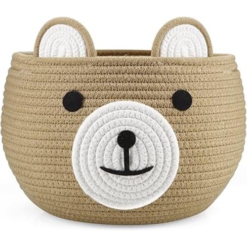 PandaEar Cotton Rope Baby Basket, Baby Gift Basket Nursery Laundry Organizer with Cute Bear Design for Storage Infant Newborn Essentials, Diaper Caddy Basket with Handle