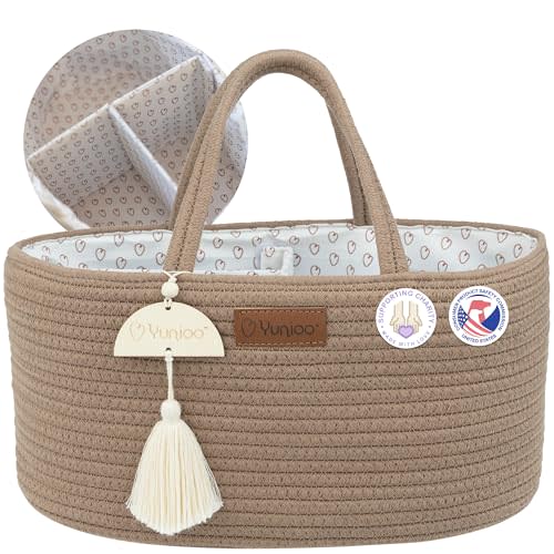 Yunioo Diaper Caddy Organizer, Boho Diaper Bag Tote for Changing Table Necessities and Baby Essentials Must Haves for Newborn, Car Caddy Organizer, Portable Storage Basket for Boy or Girl, Brown