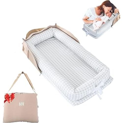 Baby Lounger for Newborn Portable Bag,Baby Nest Play Gym mat with Strap,Newborn Lounger Adjustable Size & Inner Zipper Lengthen Space to 24 Months(Gray Thousand Bird Check)