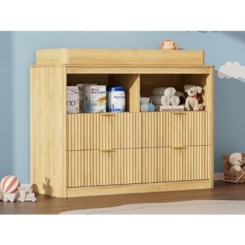 St.Mandyu Changing Dresser, 4 Large Drawers Wood Baby Nursery Dresser with Raised and Detachable Changing Table Top, Fluted Chest with Gold Handles, Large Storage Organizer for Nursery Room,Natural
