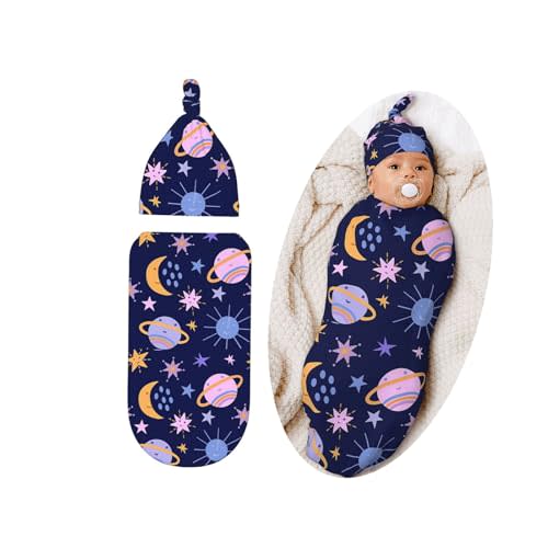 Space Baby Stuff Swaddle Blanket Hat Set for Boys Girls, Moon and Galaxy Soft Newborn Sleeping Sack Receiving Blanket Shower Gift