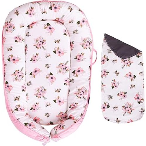 Baby Lounger - Infant & Newborn Lounger with 2-Inch Mattress Pad, Soft Baby Lounger Cover, Waterproof Urine Liner & Pad Cover - Available in 15 Patterns - BL06 Cotton Pink Flowers